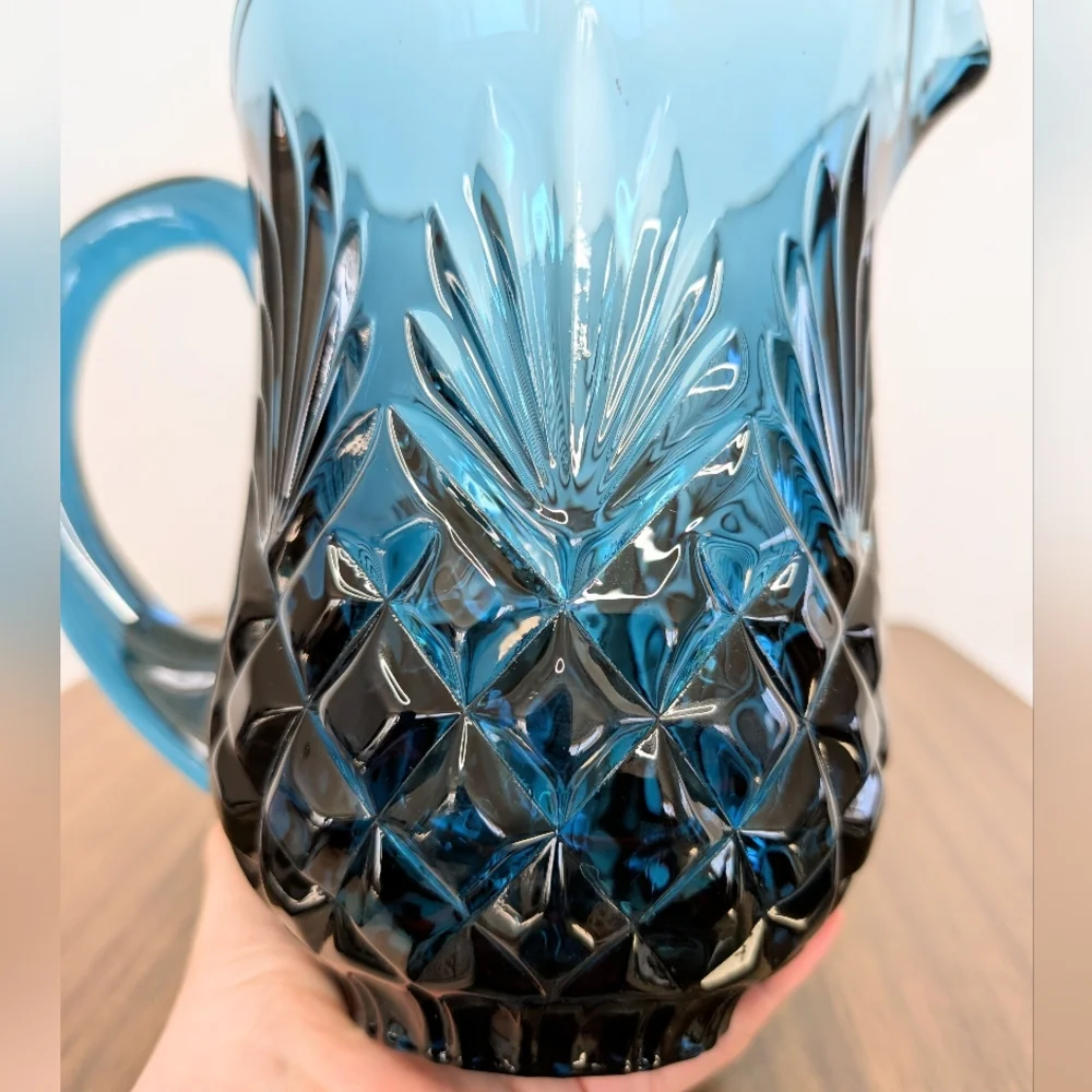 Jeffrey Banks Dark Blue Cut Crystal Pitcher Scalloped Edges Shannon By Godinger